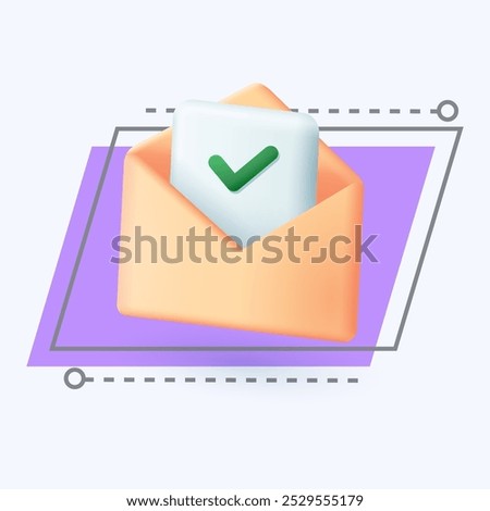 3d cartoon style envelope with approved document icon. Sheet of paper or letter with green check mark flat vector illustration. Business, verification, success, deal, correspondence concept