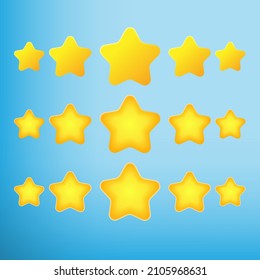 3D cartoon style five star icon design with shadow highlight glowing effect in yellow orange color. Vector illustration