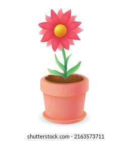 3d cartoon style flower in pot icon on white background. Realistic plant in pot with leaves flat vector illustration. Gardening, nature, foliage, growth, ecology concept