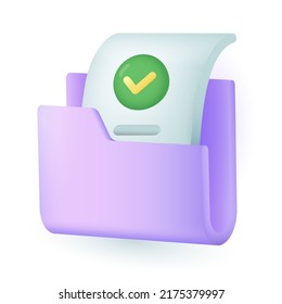 3d cartoon style folder with approved document icon. Minimal folder with contract or file management on white background flat vector illustration. Paperwork, archive, information concept