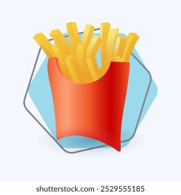 Patatas fritas francesas de estilo de dibujos animados 3D en icono de paquete de dibujos animados rojos. Chips deliciosos realistas en la Ilustración vectorial plana del fondo blanco. Rápido de comida chatarra, concepto de dieta poco saludable