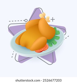 3D estilo de dibujos animados pollo frito en el icono del plato. Pollo asado con hojas de lechuga y rodajas de tomates Ilustración vectorial plana. Comida, aves de corral, restaurante, concepto de cena