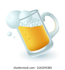 3d cartoon style glass of beer icon on white background. Realistic mug of bright foamy gold beer or light ale, pint flat vector illustration. Alcoholic drink, beverage, bar, party, pub concept