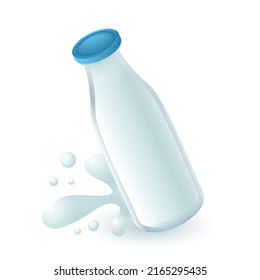 3D-Cartoon-Glas-Flasche Milch Symbol auf weißem Hintergrund. Realistische Flasche Bio-Farmkuhmilch mit geschlossener Kappe flache Vektorgrafik. Milch, Frühstück, Ernährungskonzept