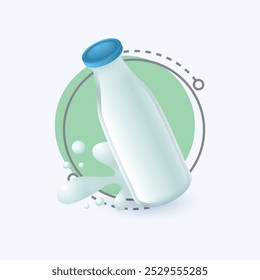 3d cartoon style glass bottle of milk icon on white background. Realistic bottle of organic farm cow milk with closed cap flat vector illustration. Dairy, breakfast, nutrition concept