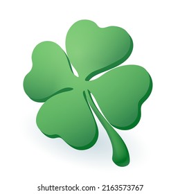3d cartoon style green clover leaf icon on white background. Lucky four-leaf shamrock flat vector illustration. Nature, ecology, eco, growth, luck, fortune, tradition concept