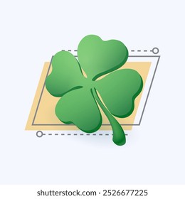 3d cartoon style green clover leaf icon on white background. Lucky four-leaf shamrock flat vector illustration. Nature, ecology, eco, growth, luck, fortune, tradition concept