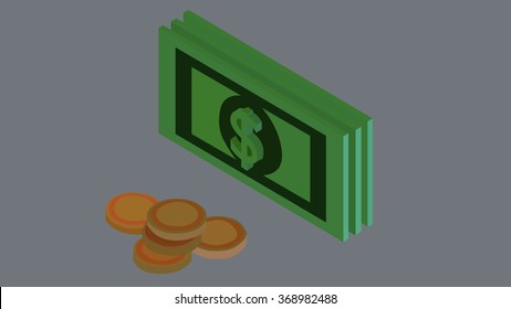 3d cartoon style green paper bill money, bill, currency and gold coins in isometric view. Isolated object for business and financial concept project. Dollar sign, symbol and icon.