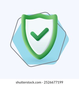 3d cartoon style green shield with check mark icon. Security or protection symbol on white background flat vector illustration. Safety, privacy, insurance, guarantee concept