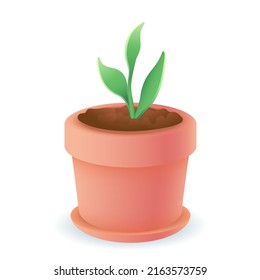 3d cartoon style green sprout in flower pot icon. Growing houseplant in pot flat vector illustration. Gardening, nature, foliage, growth, ecology, life, development concept