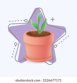 3d cartoon style green sprout in flower pot icon. Growing houseplant in pot flat vector illustration. Gardening, nature, foliage, growth, ecology, life, development concept