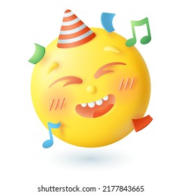 3d cartoon style happy emoticon with party hat icon. Cute yellow face celebrating anniversary or birthday flat vector illustration. Emotion, congratulation, joy, communication concept