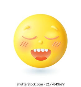 3d cartoon style happy emoticon with closed eyes icon. Yellow face with blush and open mouth feeling good flat vector illustration. Emotion, expression, joy, happiness concept