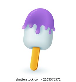 3d cartoon style ice cream on stick icon white background. Frozen berry confection or dessert, eskimo or lolly flat vector illustration. Refreshing food, summer concept