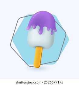 Helado de estilo de dibujos animados 3D sobre fondo blanco de icono de palo. Confitería o postre de bayas congeladas, Ilustración vectorial plana esquimal o de caramelo. Comida refrescante, concepto de verano