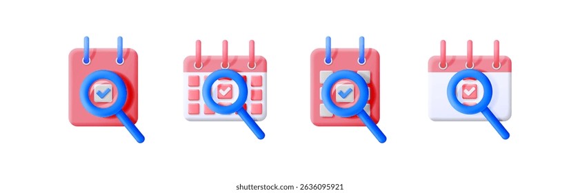 Conjunto de iconos de estilo de dibujos animados 3D de calendario con marca de verificación y lupa. Concepto de planificación, planificación y gestión de tareas.