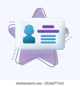 Icono de tarjeta de Identificación o ID de estilo de dibujos animados 3D. Tarjeta de Perfil con datos personales y Ilustración vectorial plana con foto o Licencia del conductor. Información personal, concepto de documento
