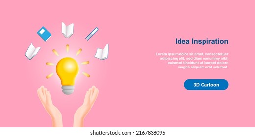 3D cartoon style, idea generating and development concept. Hand with light bulb and flying book. Vector illustration