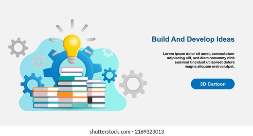 3D cartoon style, idea generating and development concept. Hand with light bulb, book stack and cogs gear. Vector illustration