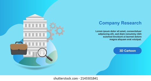 3D cartoon style illustration. Company profile research concept. Office building above earth globe, with magnifier glass icon. Vector design