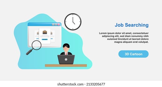 3D-Cartoon-Style-Illustration. Neues Jobkonzept finden. Business-Mann in Anzug suchen Web-Seite, auf der Suche nach offenen Stellen. Vektordesign