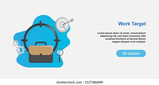 3D cartoon style illustration. Targeting right job concept. Target shooting with suitcase, selecting new work position. Vector design
