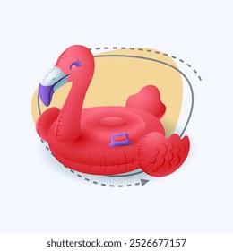 3d cartoon style inflatable flamingo icon on white background. Pink tropical bird swimming pool ring for summer vacation flat vector illustration. Beach, ocean, sea, holiday concept