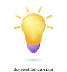 3d cartoon style lightbulb icon on white background. Yellow bulb with rays of light as symbol of creative ideas, solutions or innovation flat vector illustration. Brainstorm, inspiration concept
