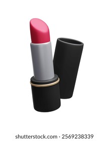 3D cartoon style lipstick beauty cosmetic product. Luxury black package of red lipstick rouge, fashionable skincare makeup decorative cosmetic 3d vector icon illustration isolated on white.