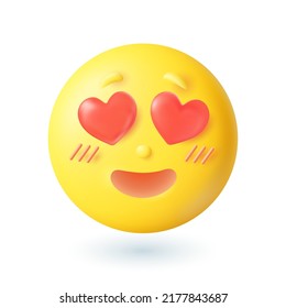 3d cartoon style love emoticon icon on white background. Happy yellow face with hearts in eyes flat vector illustration. Romance, valentine, romantic relationship concept