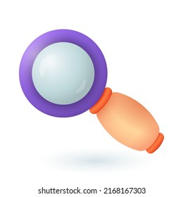 3d cartoon style magnifying glass icon on white background. Realistic colorful hand glass, loupe or magnifier flat vector illustration. Research, exploration, study, business, science concept