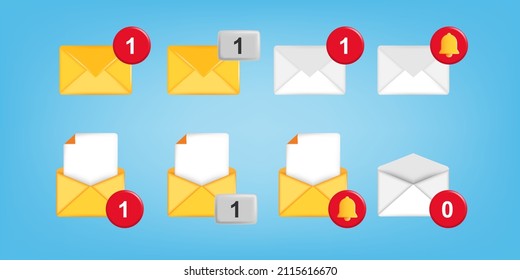 Estilo de caricatura 3D conjunto de notificación de sobres de correo en amarillo y gris con mensaje de burbuja, sombra y efecto de resaltado. Ilustración del vector
