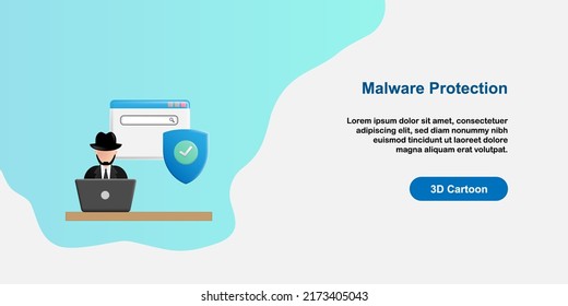 3D cartoon style. Malware protection concept. Men wearing black suit and hat, programmer, spy try to breaking security firewall. vector design illustration