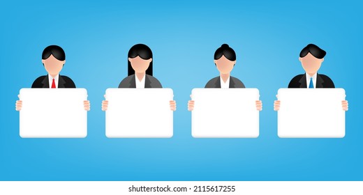 3D cartoon style of man and woman character wearing suit holding blank announcement white board or paper. Vector illustration