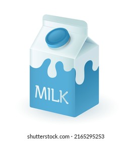 3d Cartoon Style Milk Cartons Icon On White Background. Cow Milk Packaging Or Cardboard Box With Screw Cap Flat Vector Illustration. Dairy, Breakfast, Nutrition Concept