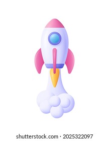 3d cartoon style minimal spaceship rocket icon. Toy rocket upswing ,spewing smoke. Startup, space, business concept. 