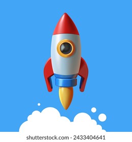 3d cartoon style minimal spaceship rocket icon. Toy rocket upswing ,spewing smoke. Startup, space, business concept.