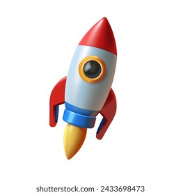 3d cartoon style minimal spaceship rocket icon. Toy rocket upswing ,spewing smoke. Startup, space, business concept.