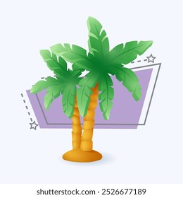 3d cartoon style palm trees icon on white background. Tropical realistic trees or plants flat vector illustration. Paradise, jungle, nature, beach, summer vacation concept