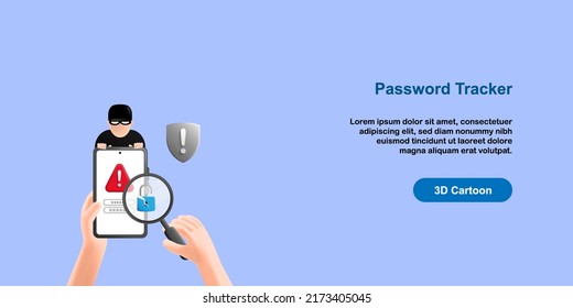 3D cartoon style. Password tracker concept. Men spy, hacker try to breaking phone security, with smartphone, break padlock, magnifier glass, warning sign icon. vector design illustration