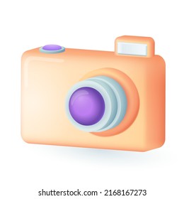 3d cartoon style photo camera icon on white background. Colorful camera device taking photo flat vector illustration. Multimedia, hobby, occupation, gadget, photography concept