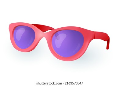 3d cartoon style red sunglasses icon on white background. Fashion accessory or sun protection flat vector illustration. Summer, eyesight, vision, eyewear, glamour, reflection concept