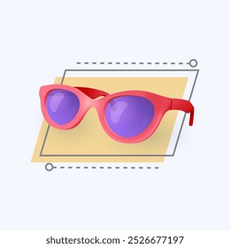 3d cartoon style red sunglasses icon on white background. Fashion accessory or sun protection flat vector illustration. Summer, eyesight, vision, eyewear, glamour, reflection concept