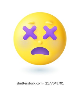 3d cartoon style sad emoticon with crossed eyes icon. Confused yellow dizzy or sick face on white background flat vector illustration. Emotion, expression, feeling concept