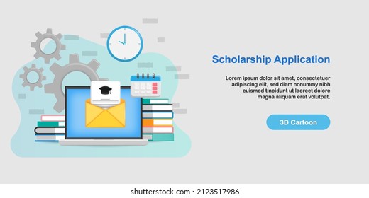 3D cartoon style. Scholarship application form submission deadline concept. Notebook laptop screen with mail envelope study letter, book stack, calendar and clock. Vector illustration
