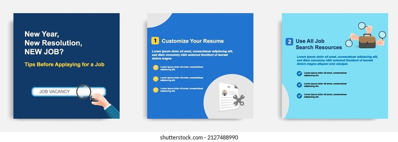 3D Cartoon Style. Social Media Informative Job Career Development Tips Post Banner Template Layout Design. Businessman Hand With Suit Holding Magnifier Finding Vacancy. Vector Illustration