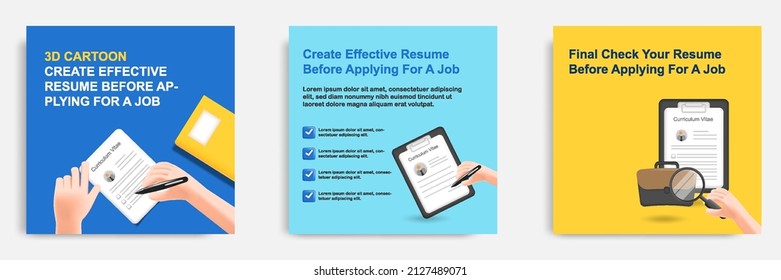 3D cartoon style. Social media informative writing resume tips post banner template layout design. Hand holding pen updating CV and searching job concept with holding magnifier. Vector illustration