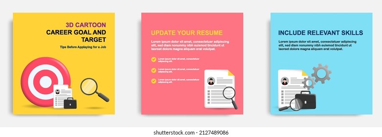 3D cartoon style. Social media informative career goal tips post banner template layout design. Finding and searching job concept with holding magnifier. Vector illustration