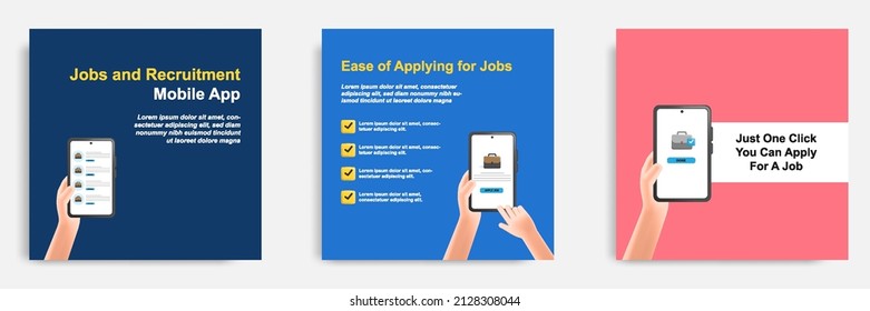 3D cartoon style. Social media informative mobile recruitment app tips post banner template layout design. Hand holding smart phone applying job concept. Vector illustration