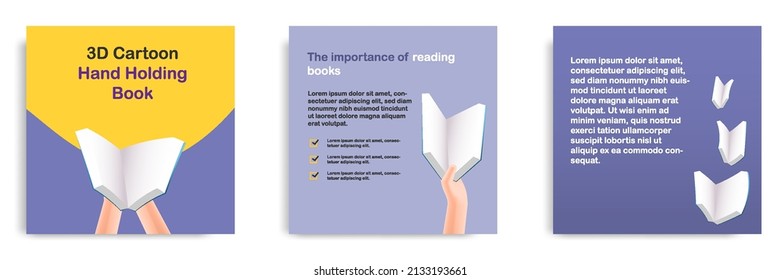 3D cartoon style. Social media informative education and study tips post banner template layout design. Hand holding opened book. Vector illustration